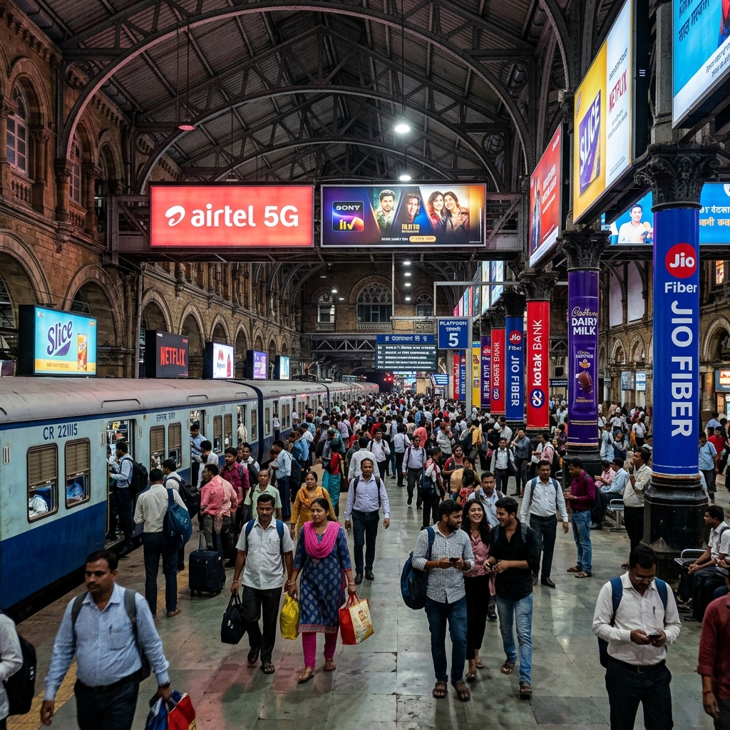 Railway Station Advertising at Mumbai Platform with Billboards and Digital Screens
